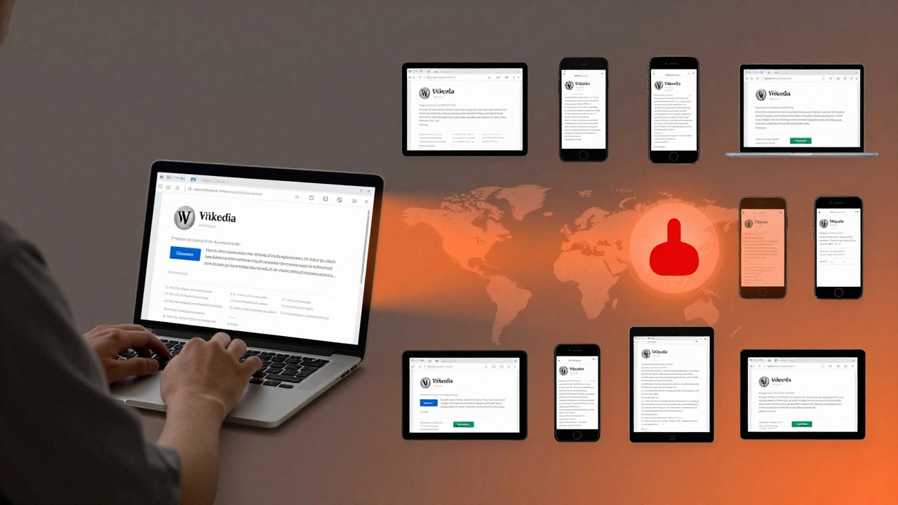 An editor updates a Wikipedia page while the change instantly appears on devices across the globe.