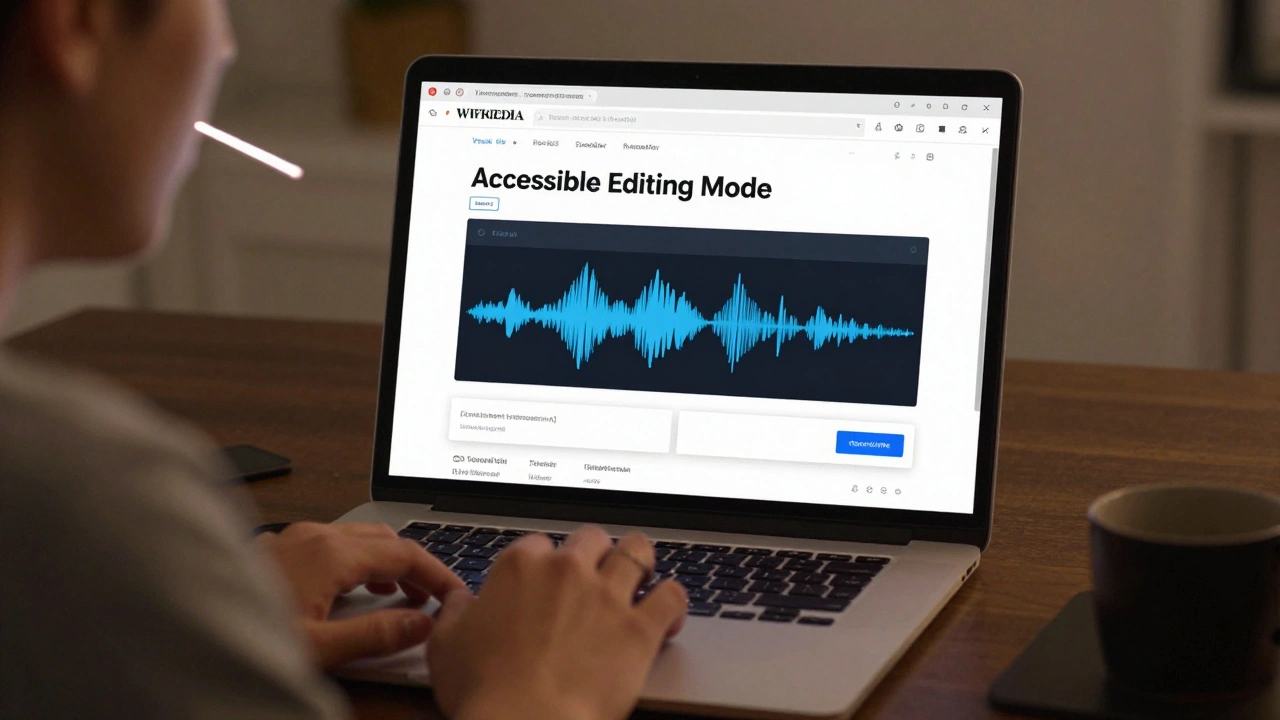An editor using voice commands to edit Wikipedia with a simplified, high-contrast interface.