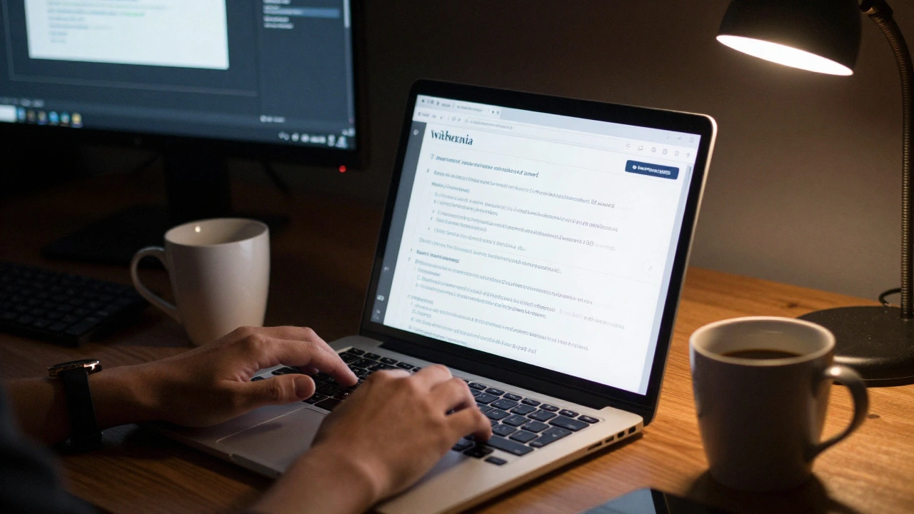 An editor working at night with a Wikipedia citation template on screen.