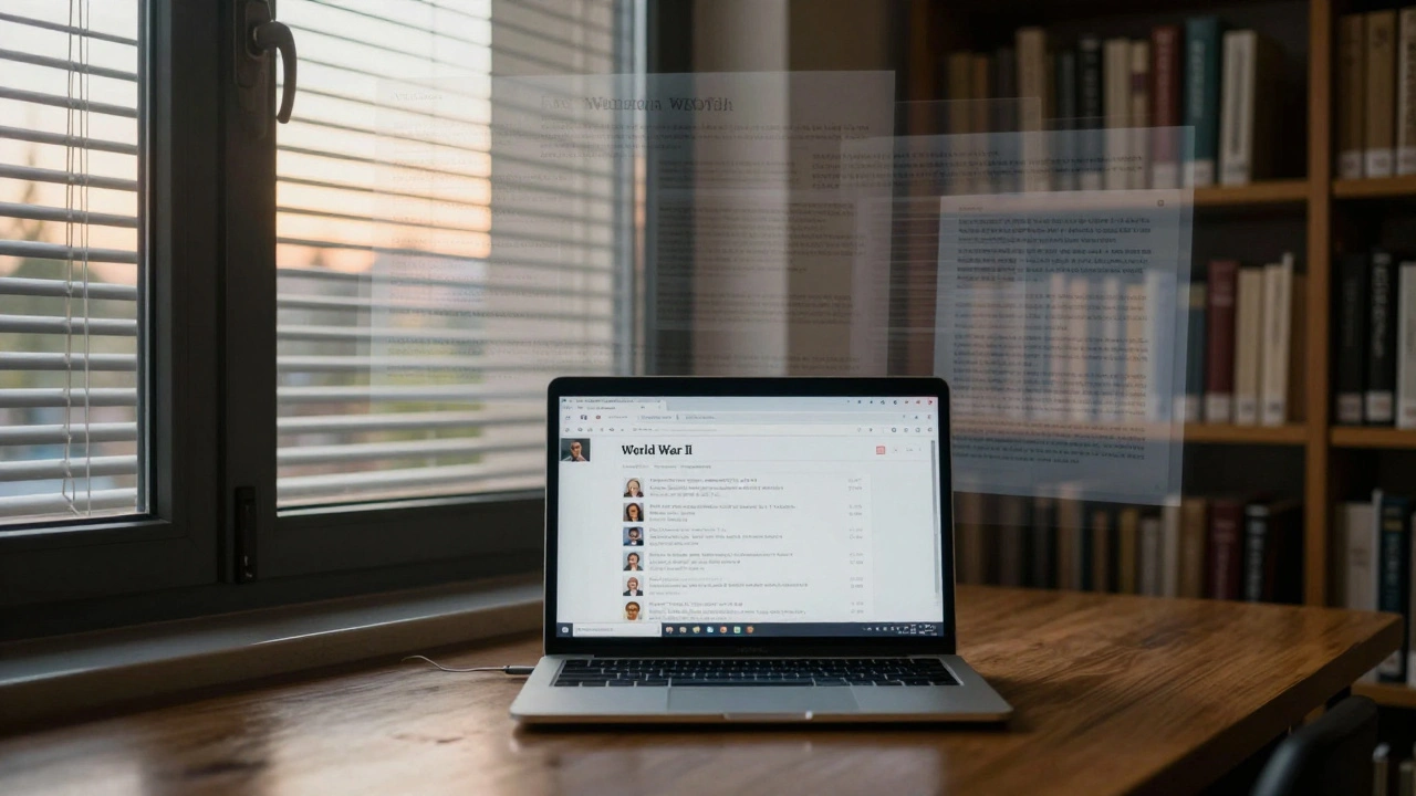 An empty library at dawn with a laptop displaying a Wikipedia talk page, reflections showing evolving article versions.