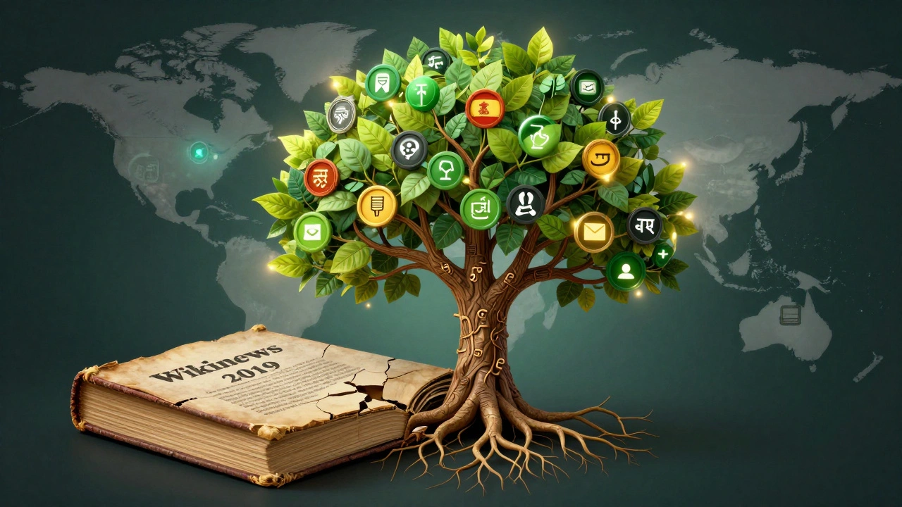 An old book transforming into a digital tree of citations, symbolizing Wikinews' revival and global growth.
