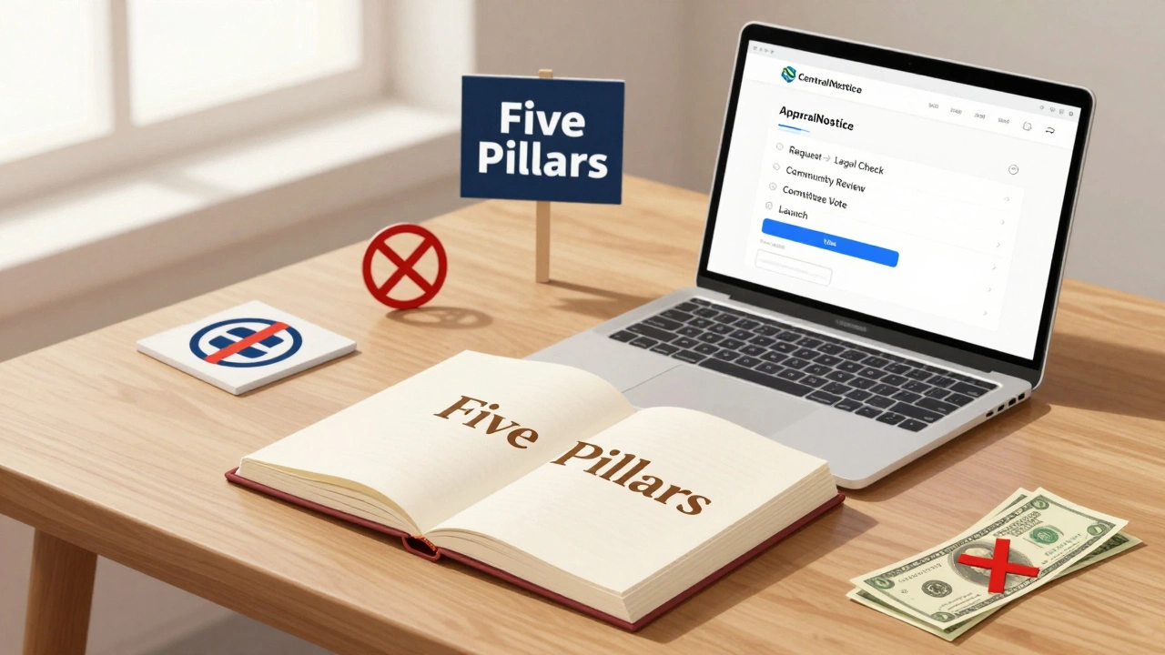 An open book titled 'Five Pillars' beside a laptop showing the CentralNotice approval process.