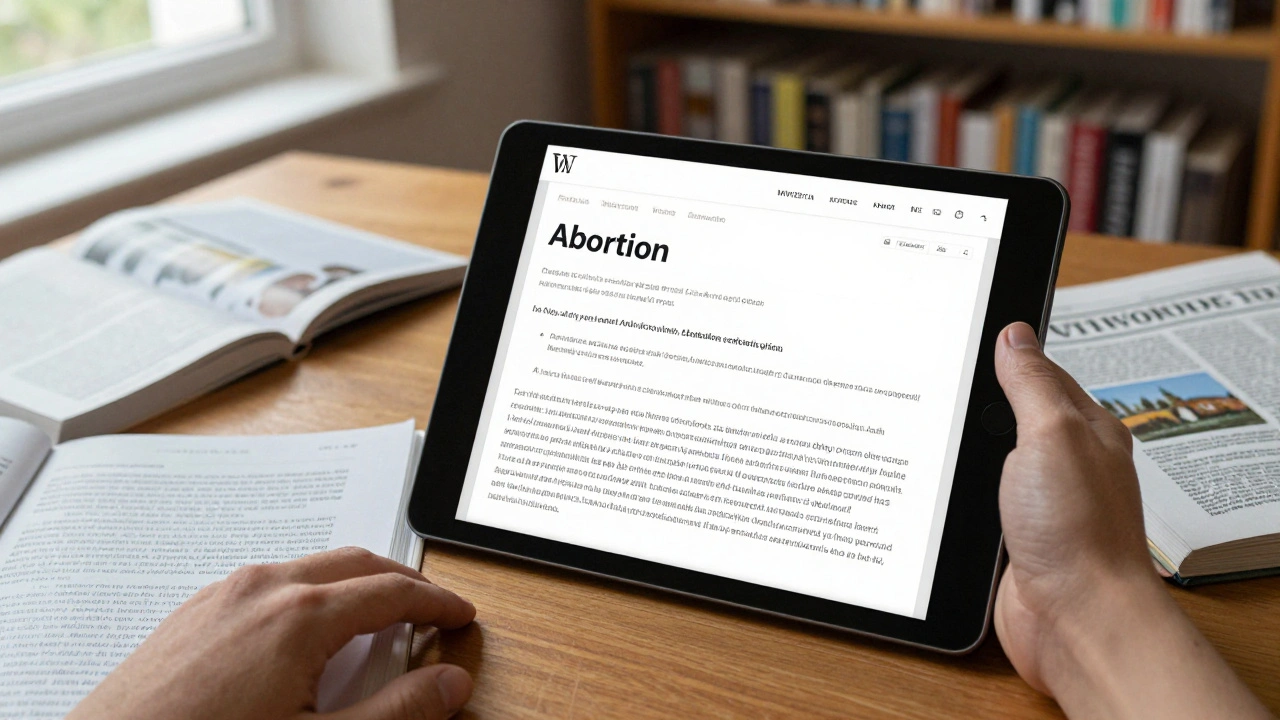 An open Wikipedia article on a tablet in a library, surrounded by academic journals and newspapers.