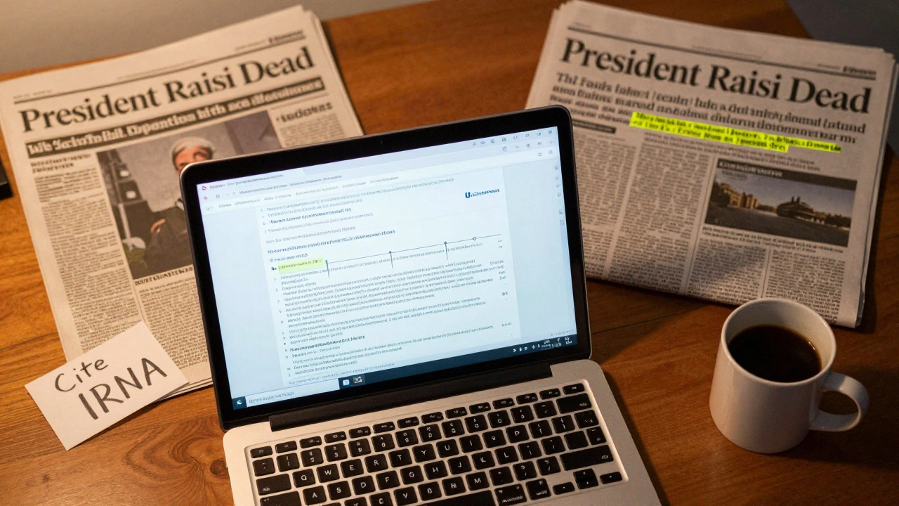 An overhead view of a Wikipedia editor's desk with news clippings, a laptop showing edit history, and a cited source.
