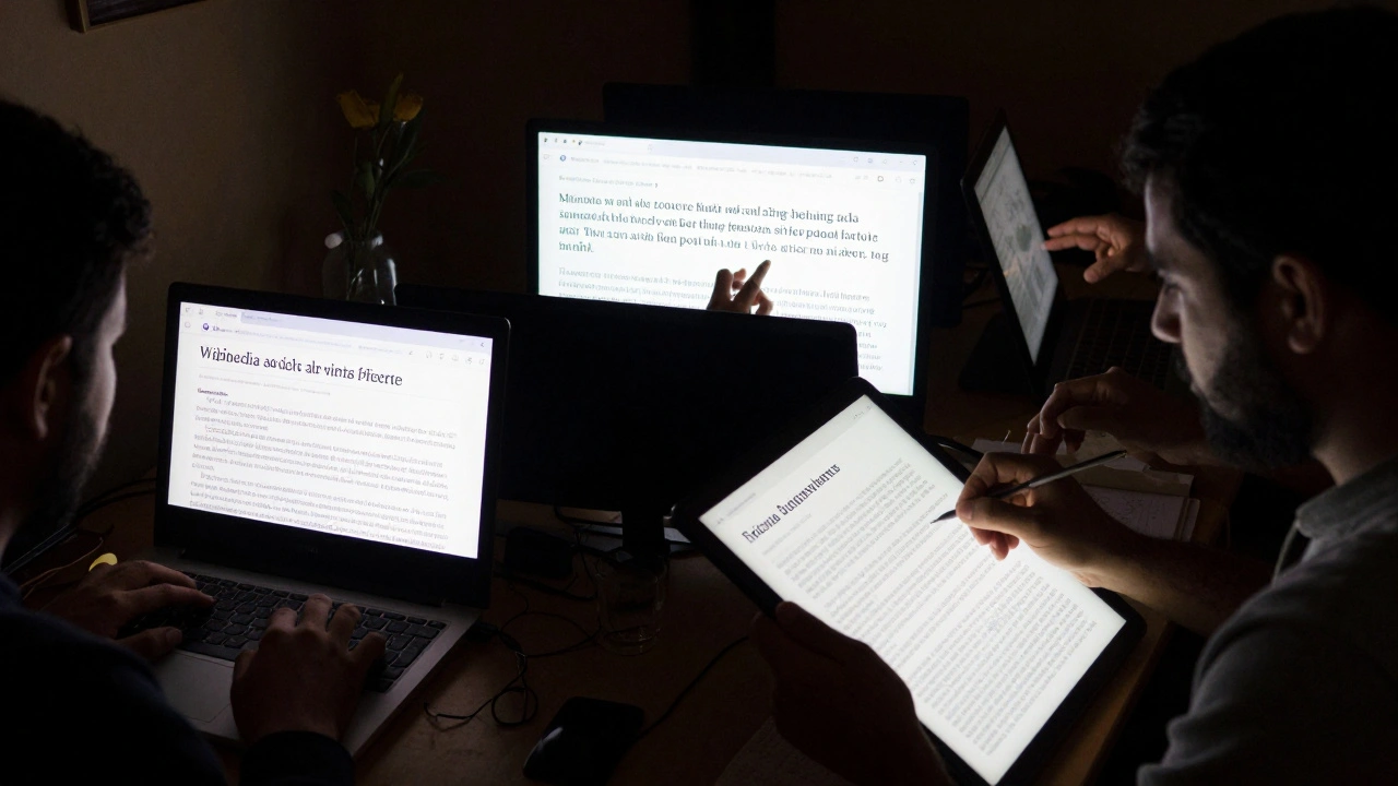 Anonymous editors in different countries working on Wikipedia, illuminated only by screen light.