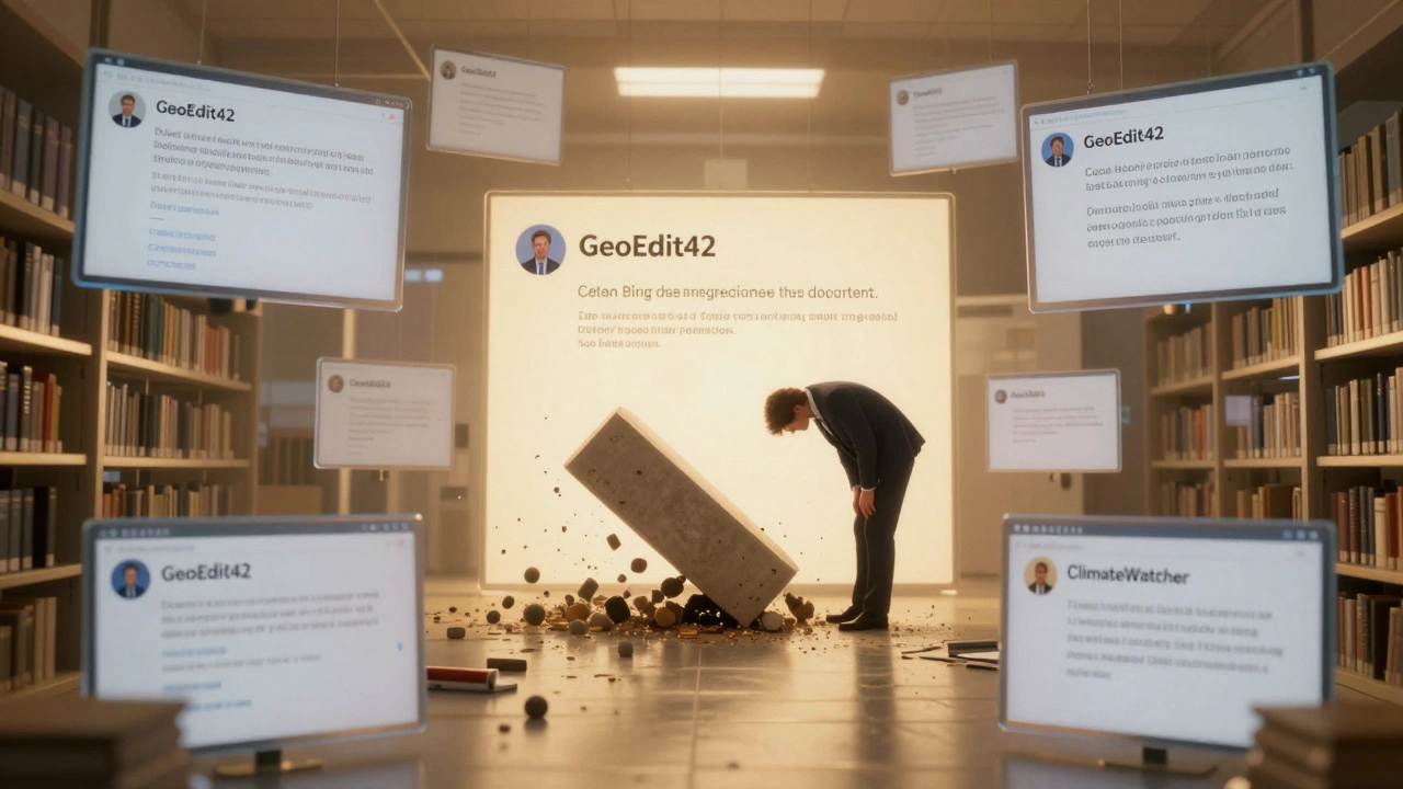 Archive room with floating screens showing past blocking cases and a corrected decision in golden light.