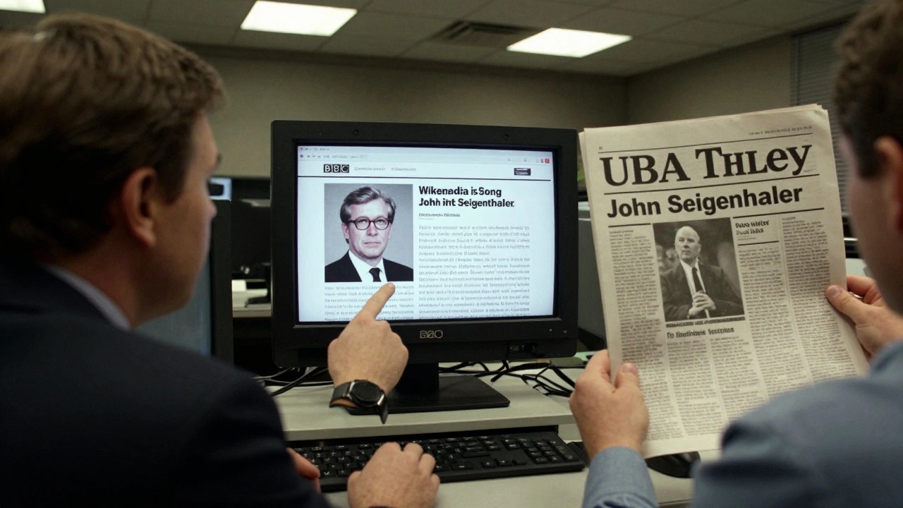 BBC newsroom staff reacting to a deleted Wikipedia hoax article about John Seigenthaler, with a USA Today op-ed in hand.