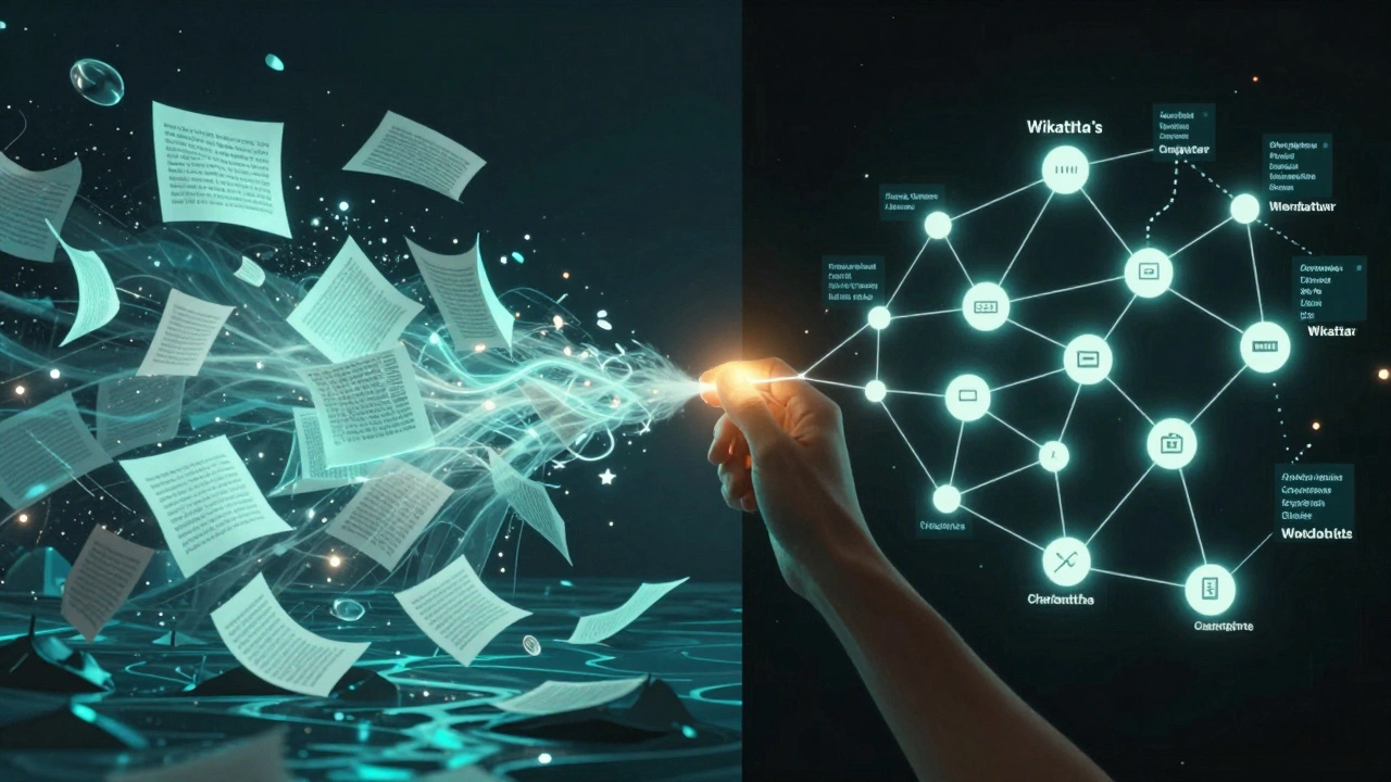 Chaotic AI-generated misinformation contrasted with structured, verified Wikidata facts connected by light.