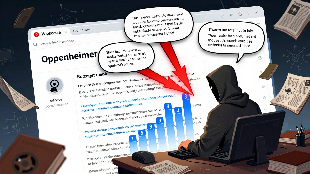 Comic-style digital edit battle on Oppenheimer's Wikipedia page with citations and corrections glowing.