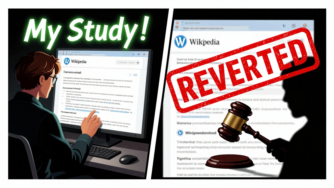 Comic-style split scene: scholar editing their own page versus Wikipedia moderator reverting it.