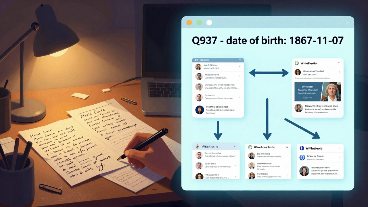 Contrasting cluttered handwritten notes with a clean digital Wikidata entry syncing facts to global Wikipedia pages.