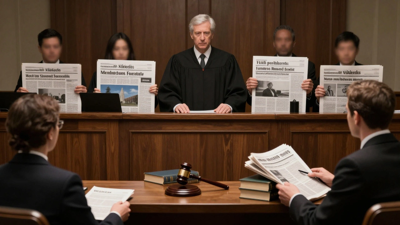 Courtroom scene with Wikipedia editors as jurors evaluating reliable and unreliable sources as evidence.