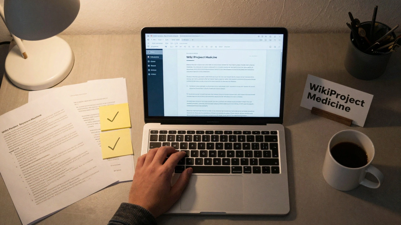 Desk with laptop showing Wikipedia draft, printed sources, and sticky notes labeled 'WikiProject Medicine'.