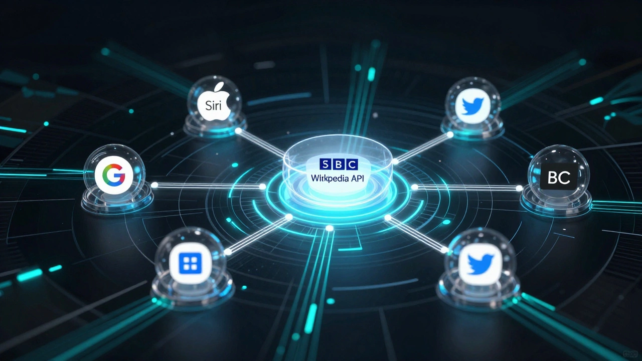 Digital interface connecting voice assistants and news platforms to a central Wikipedia API hub.