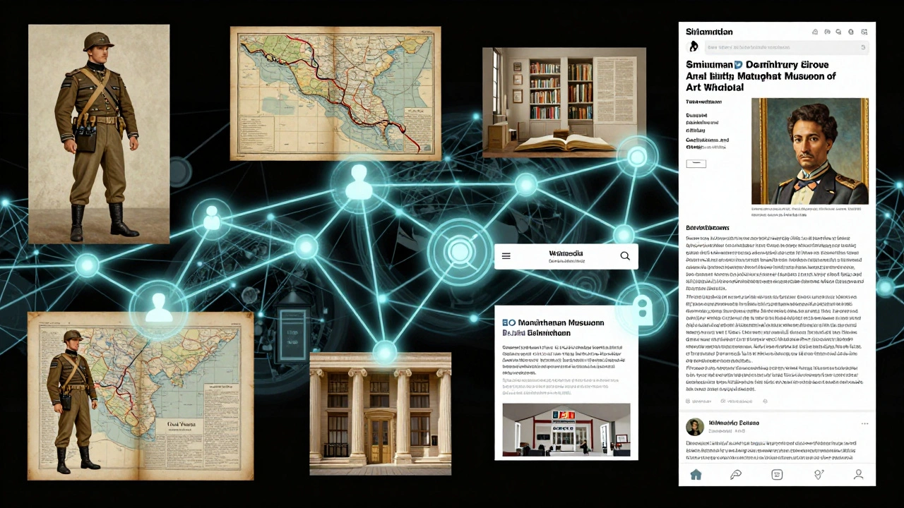 Digital network linking major cultural institutions to global Wikipedia users, with artifacts flowing into online articles.