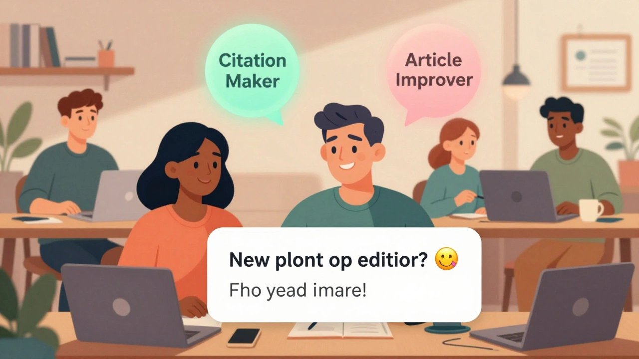 Diverse editors chatting in the Teahouse with helpful replies and badges.