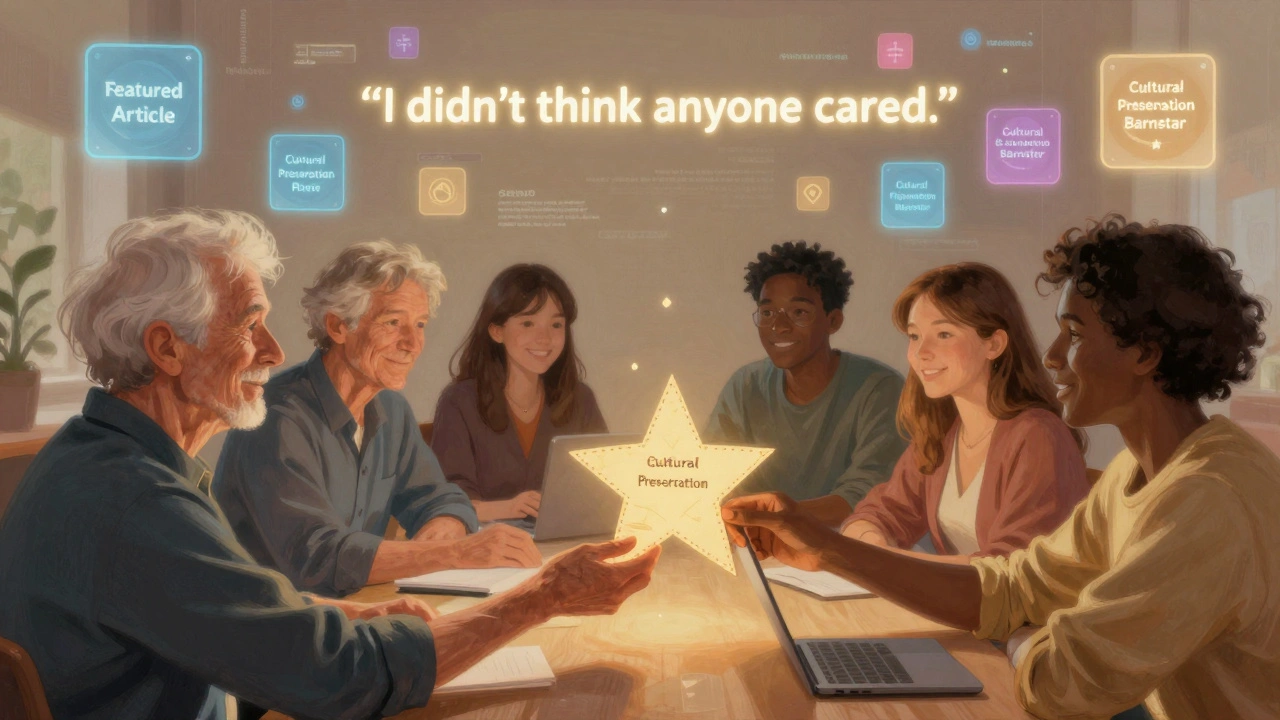 Diverse editors exchanging digital barnstars in a glowing virtual space filled with achievement badges.