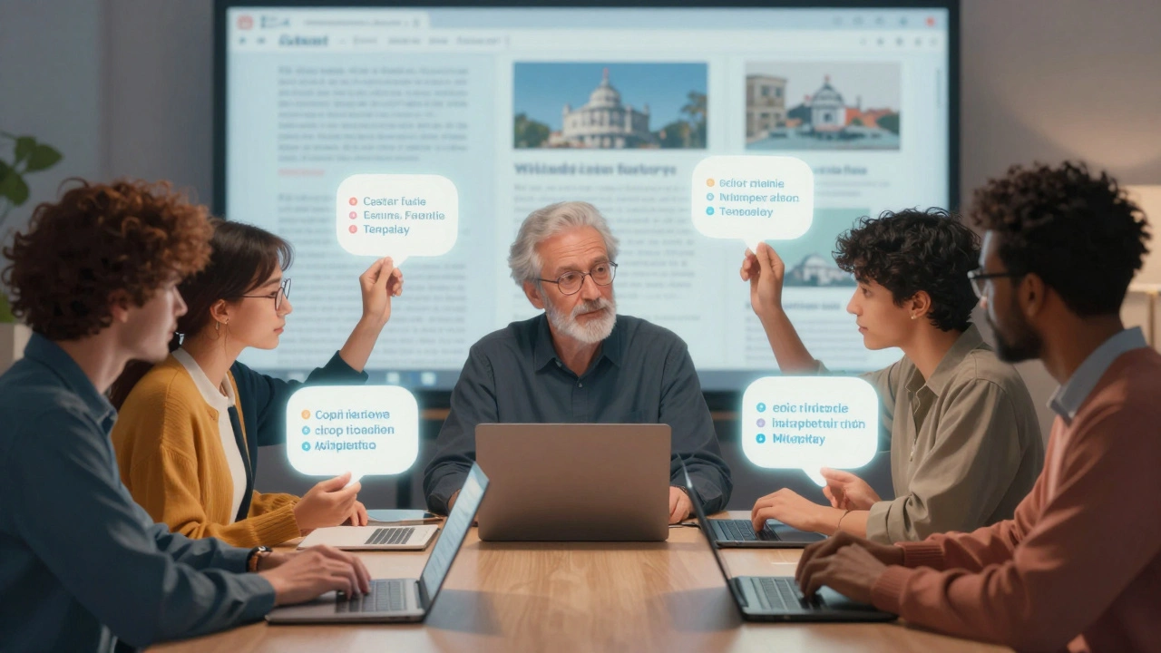 Diverse editors gather virtually, guided by a mentor, celebrating small editing milestones.
