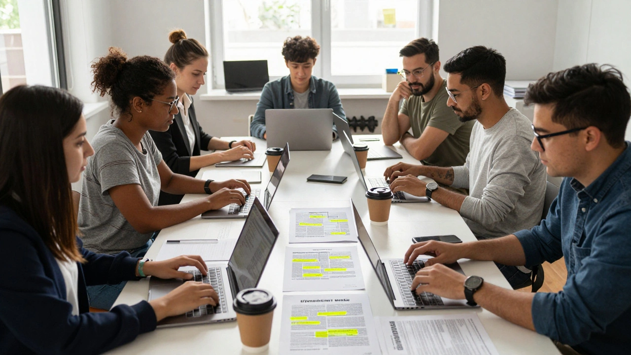 Diverse group of journalists and editors collaborating around a table with Wikipedia printouts and coffee cups.