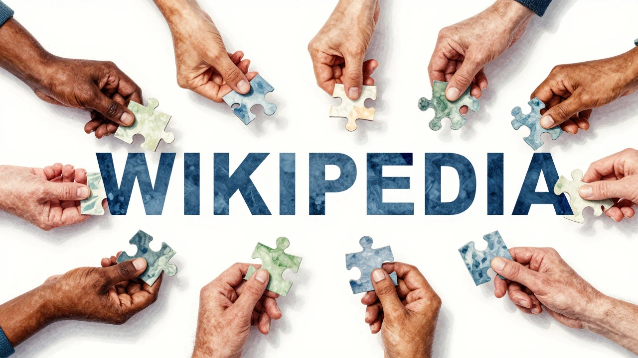 Diverse hands assembling puzzle pieces into the word 'WIKIPEDIA', representing the Five Pillars.