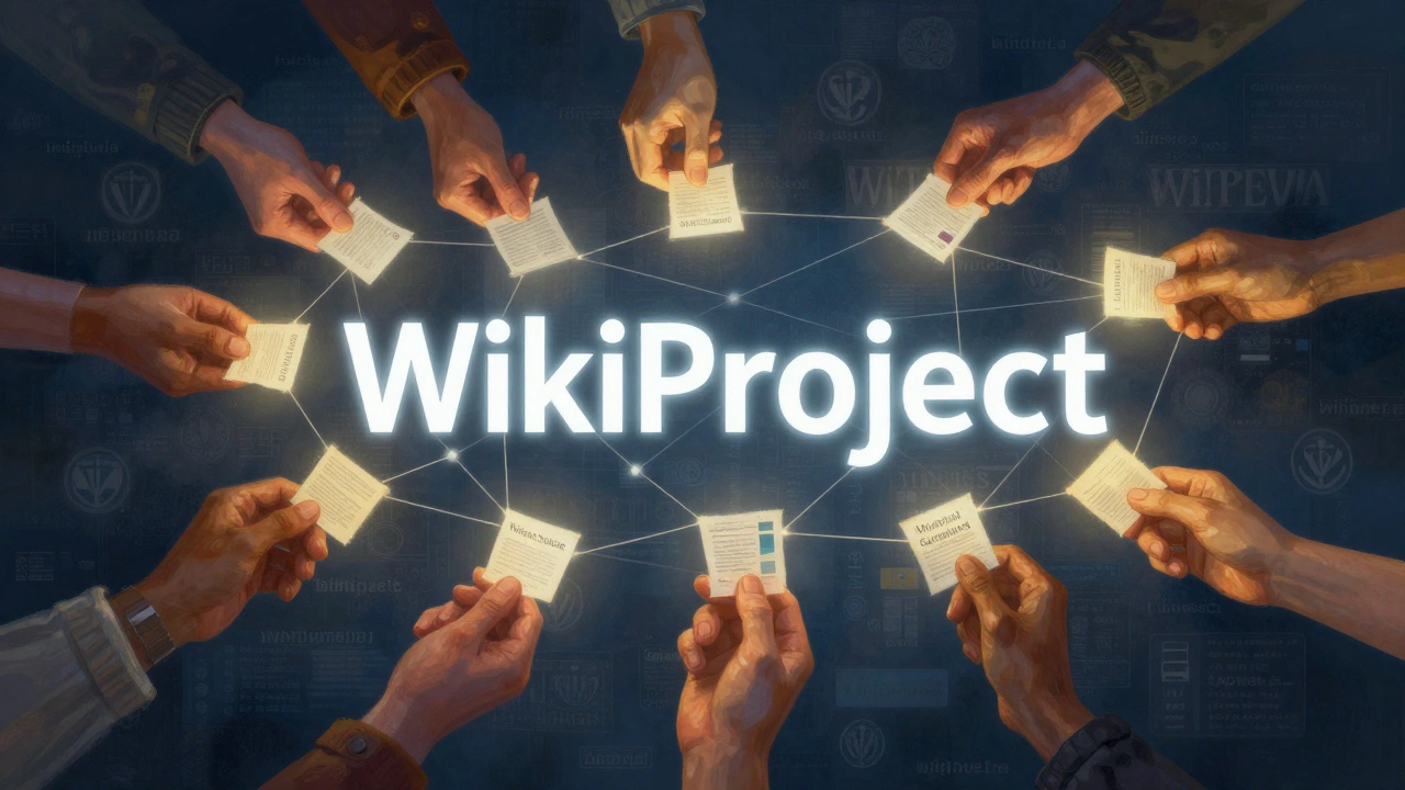 Diverse hands connected by glowing threads, each holding a Wikipedia article fragment representing niche topics like lighthouses and women scientists.