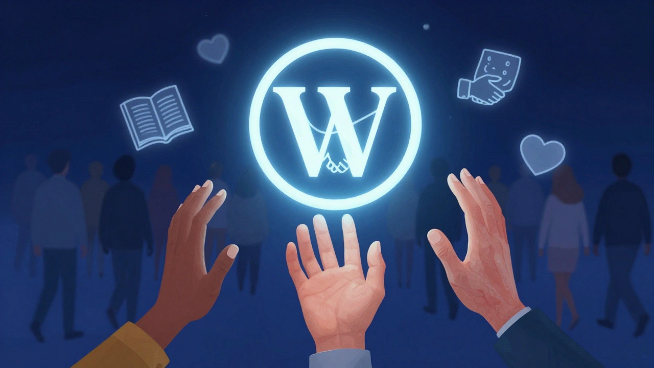 Diverse hands reaching toward a glowing Wikipedia logo surrounded by symbols of knowledge and connection.