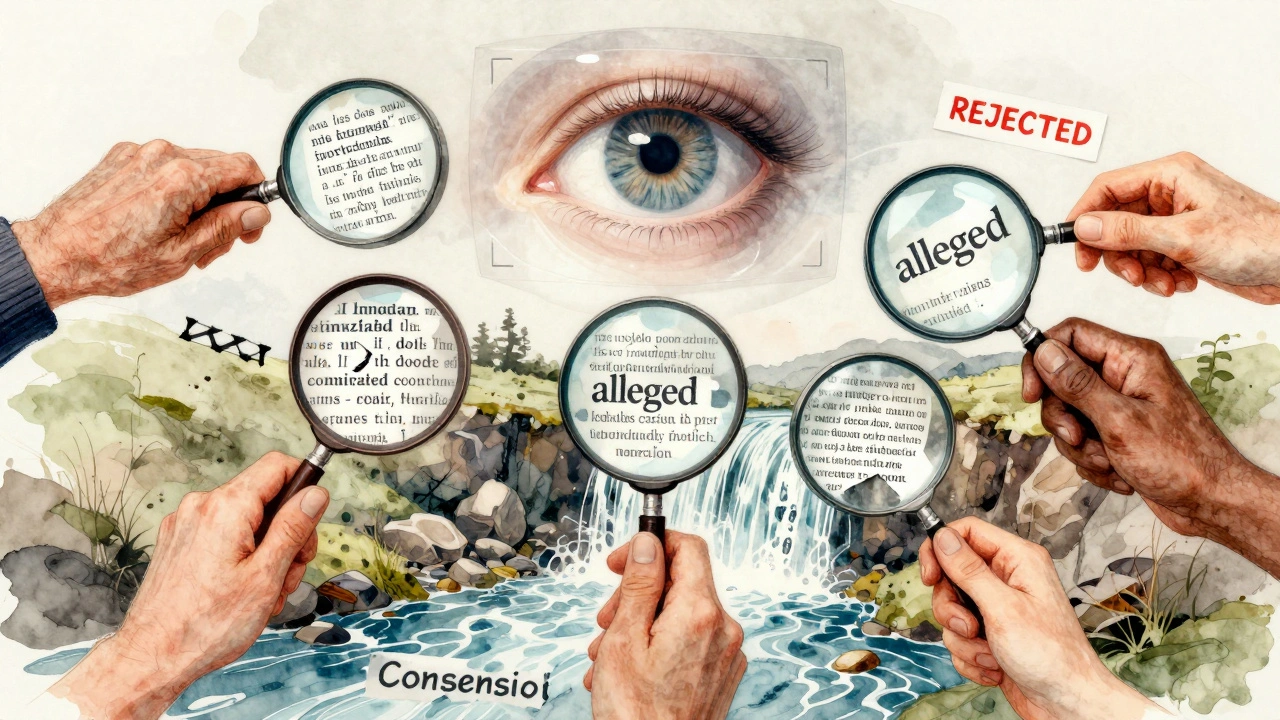 Diverse hands using magnifying glasses to examine Wikipedia text fragments, with an AI eye observing above.