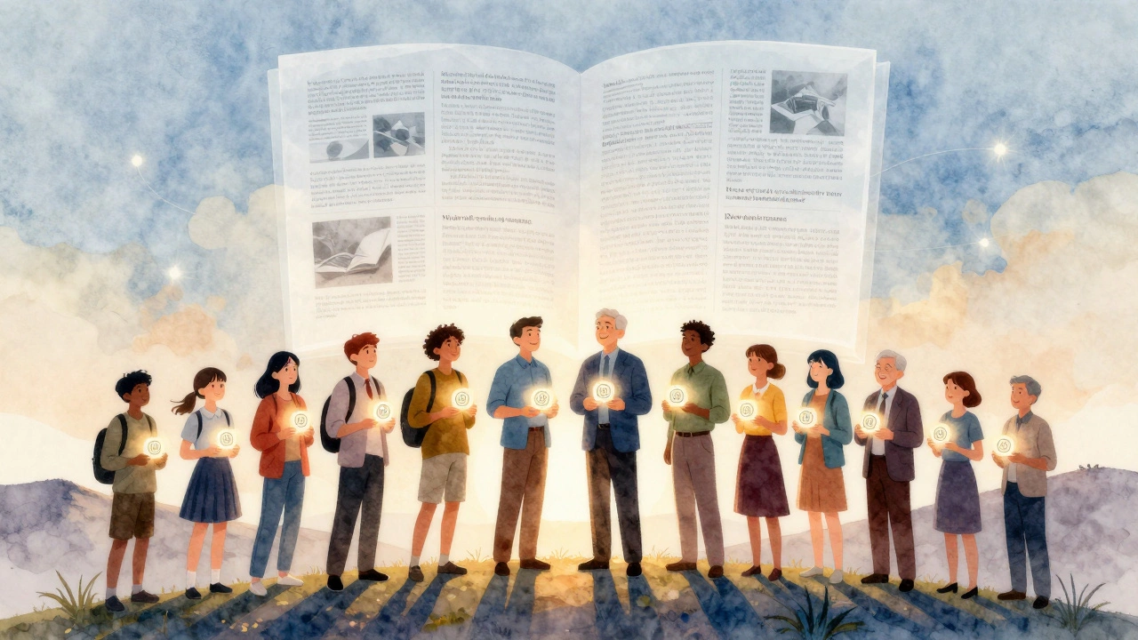 Diverse people holding Wikipedia logos as a floating article glows above them at sunrise.