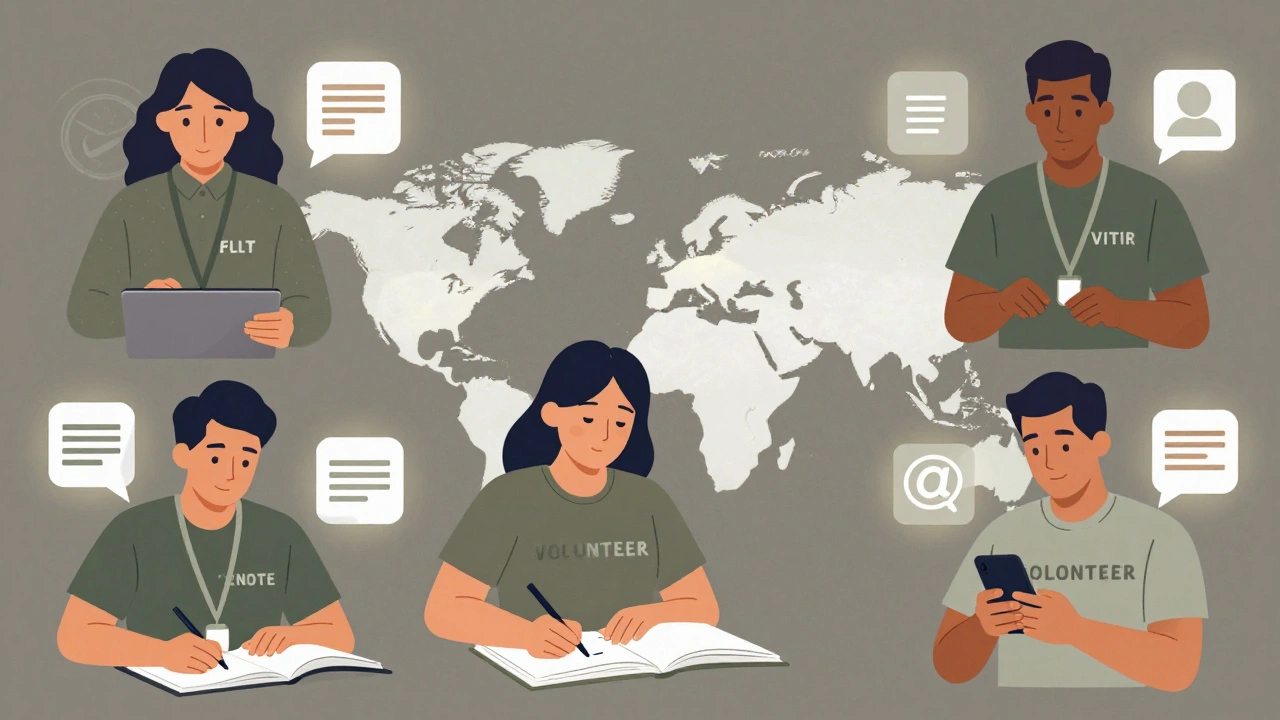 Diverse volunteers collaborating remotely with icons representing Wikipedia community updates.