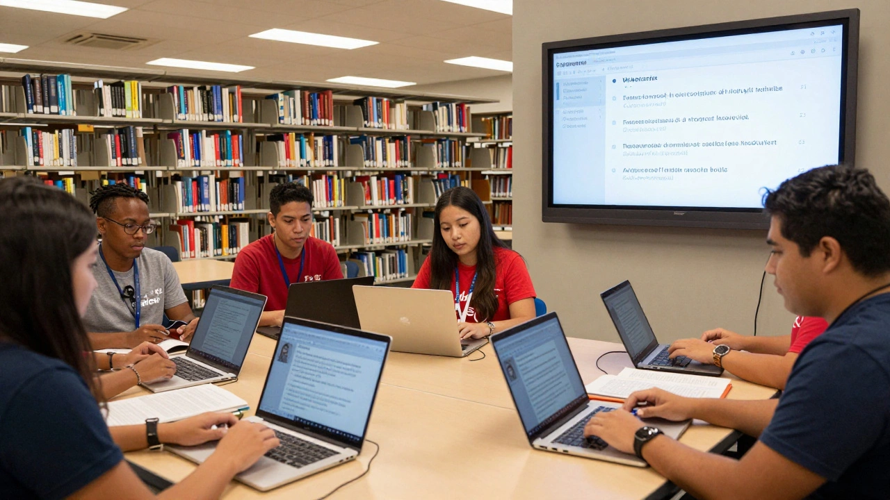 Diverse volunteers editing Wikipedia articles together in a library, with books and screens showing multilingual biographies.