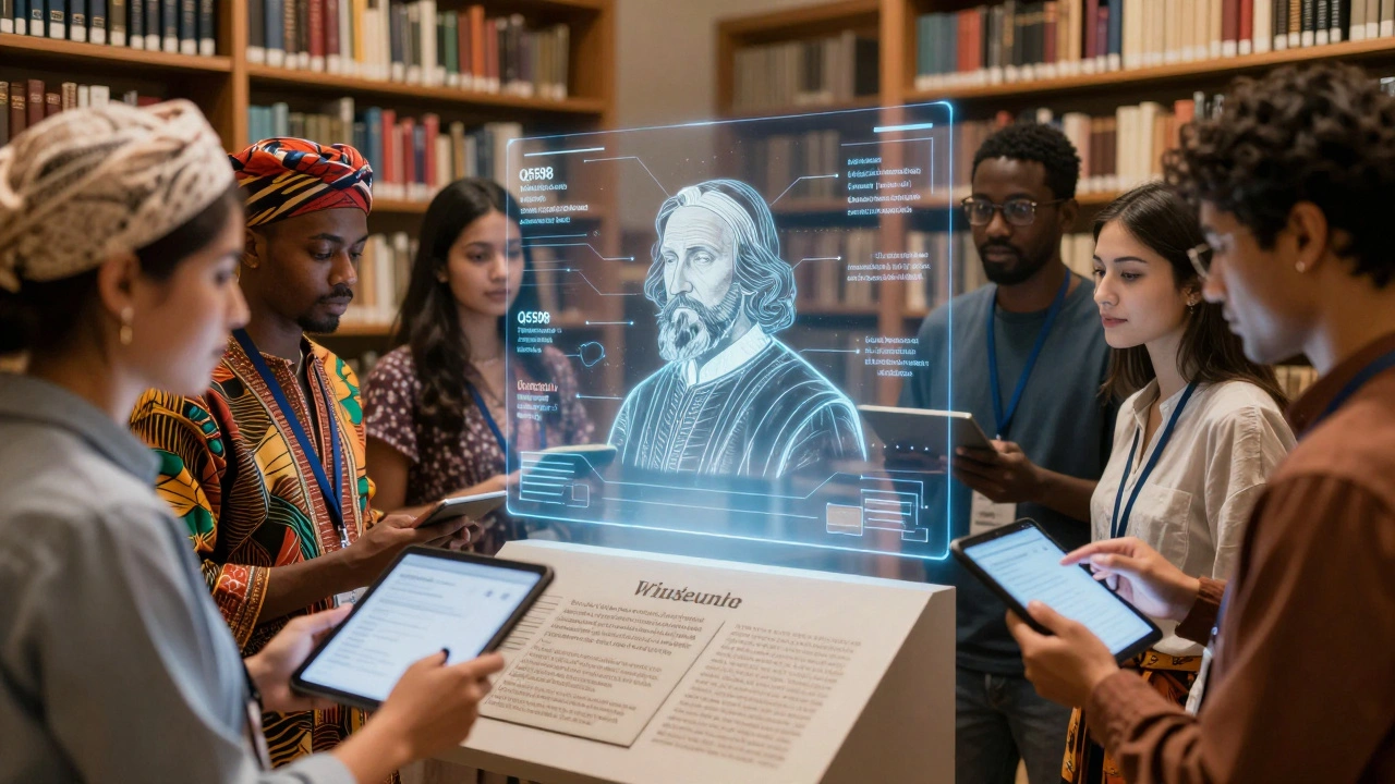 Diverse volunteers interacting with a holographic Wikidata interface displaying multilingual labels for global knowledge.