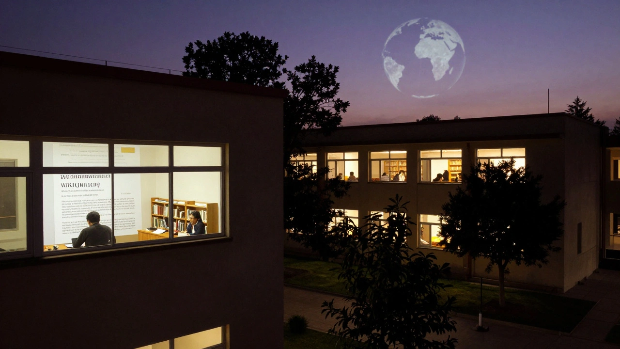 Dusk view of university buildings with students and librarians contributing to Wikipedia globally.