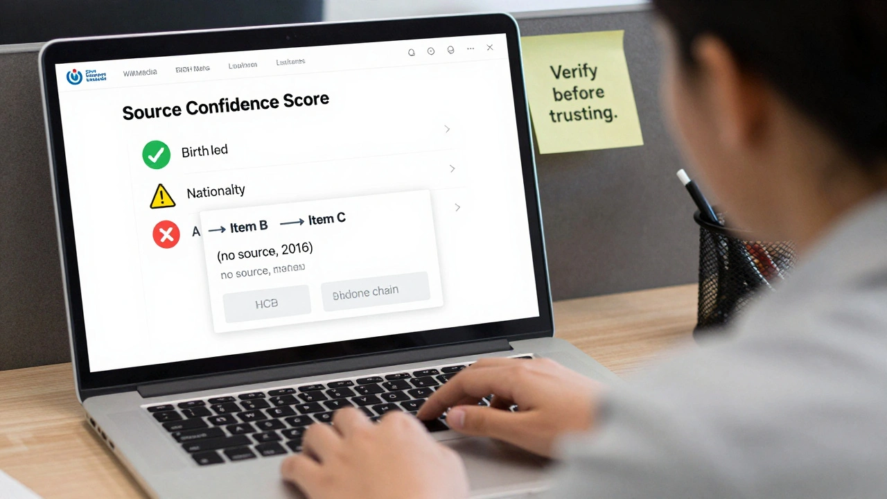 Editor viewing Wikidata's new Source Confidence Scores on a laptop screen with green, yellow, and red indicators.