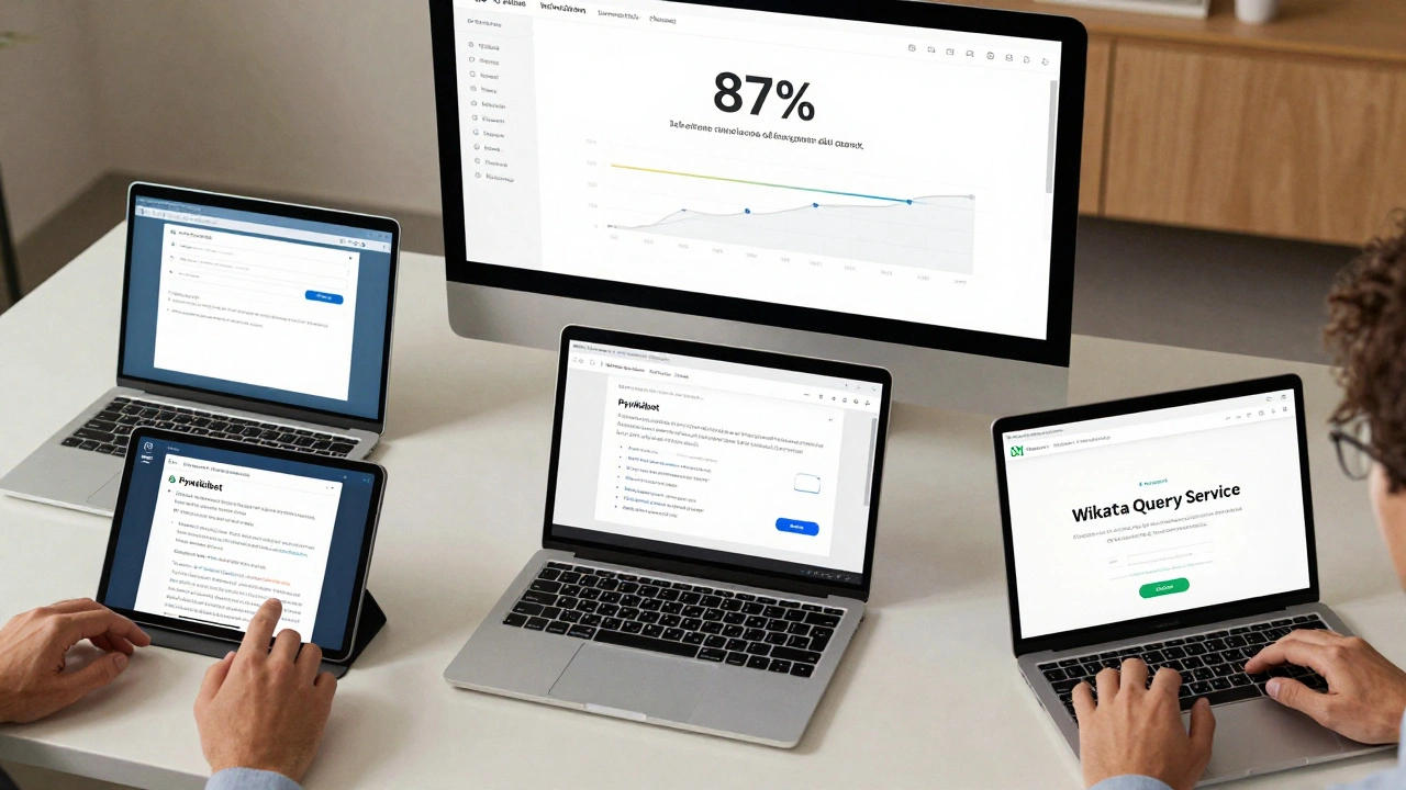 Editors collaborating with multiple screens displaying Wikipedia API tools and a resolution dashboard.