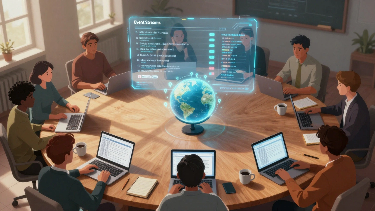 Editors from diverse countries collaborating around a table with holographic Wikipedia data feeds projecting above them.