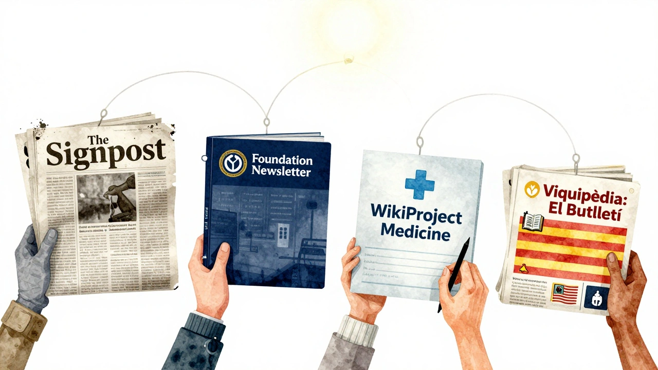 Four distinct Wikimedia newsletters represented as separate newspaper stands with unique visual styles and contributor hands.