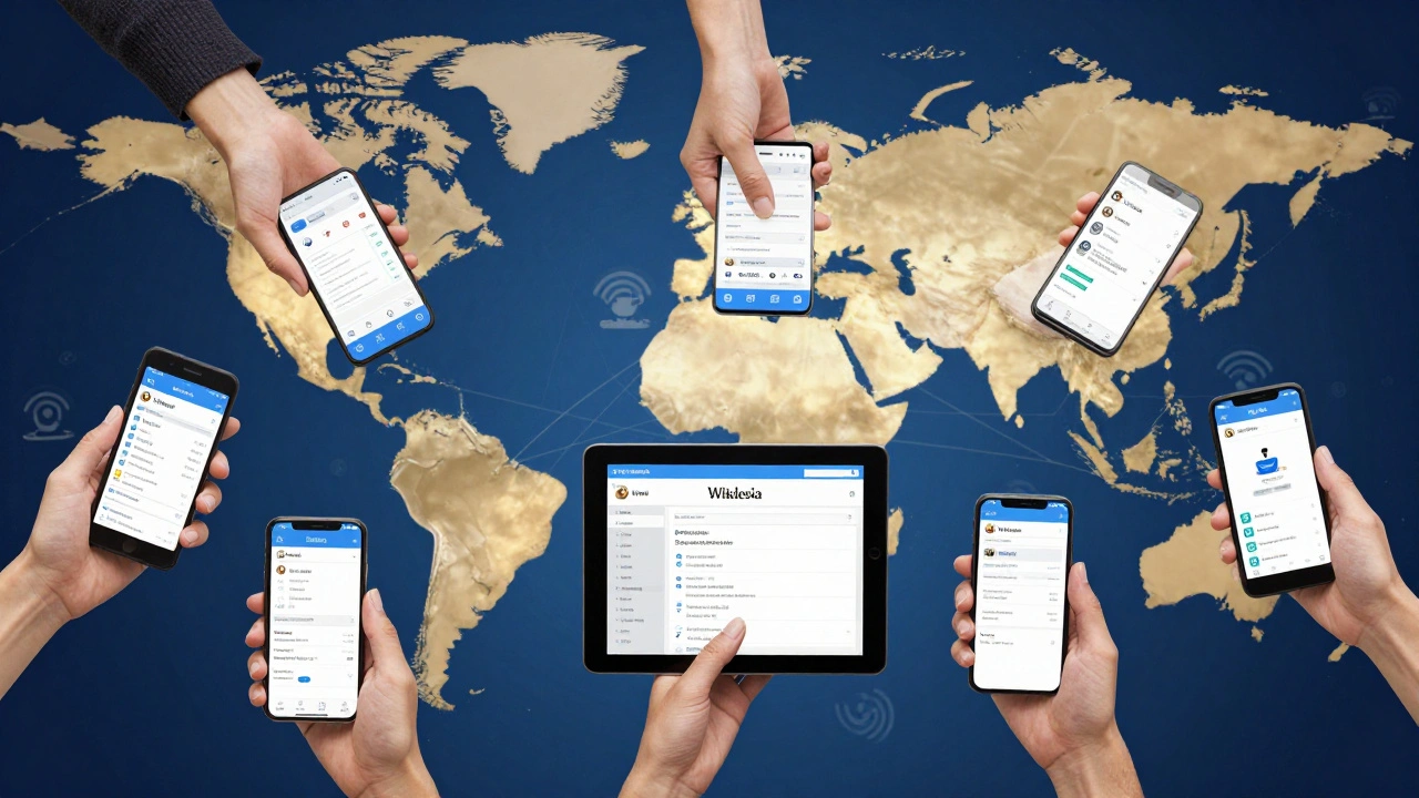 Global hands interacting with Wikipedia on devices, connected by digital symbols across a globe.