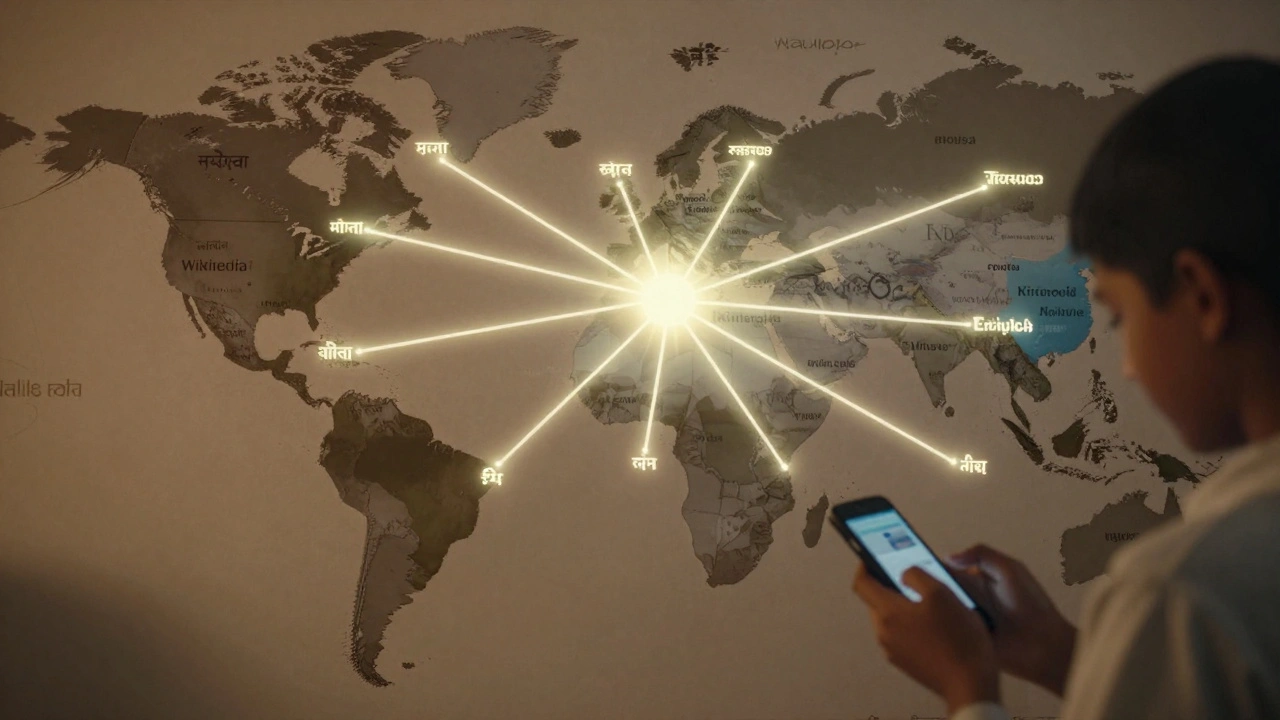 Global map with multilingual Wikipedia access paths and knowledge gaps in underrepresented regions.
