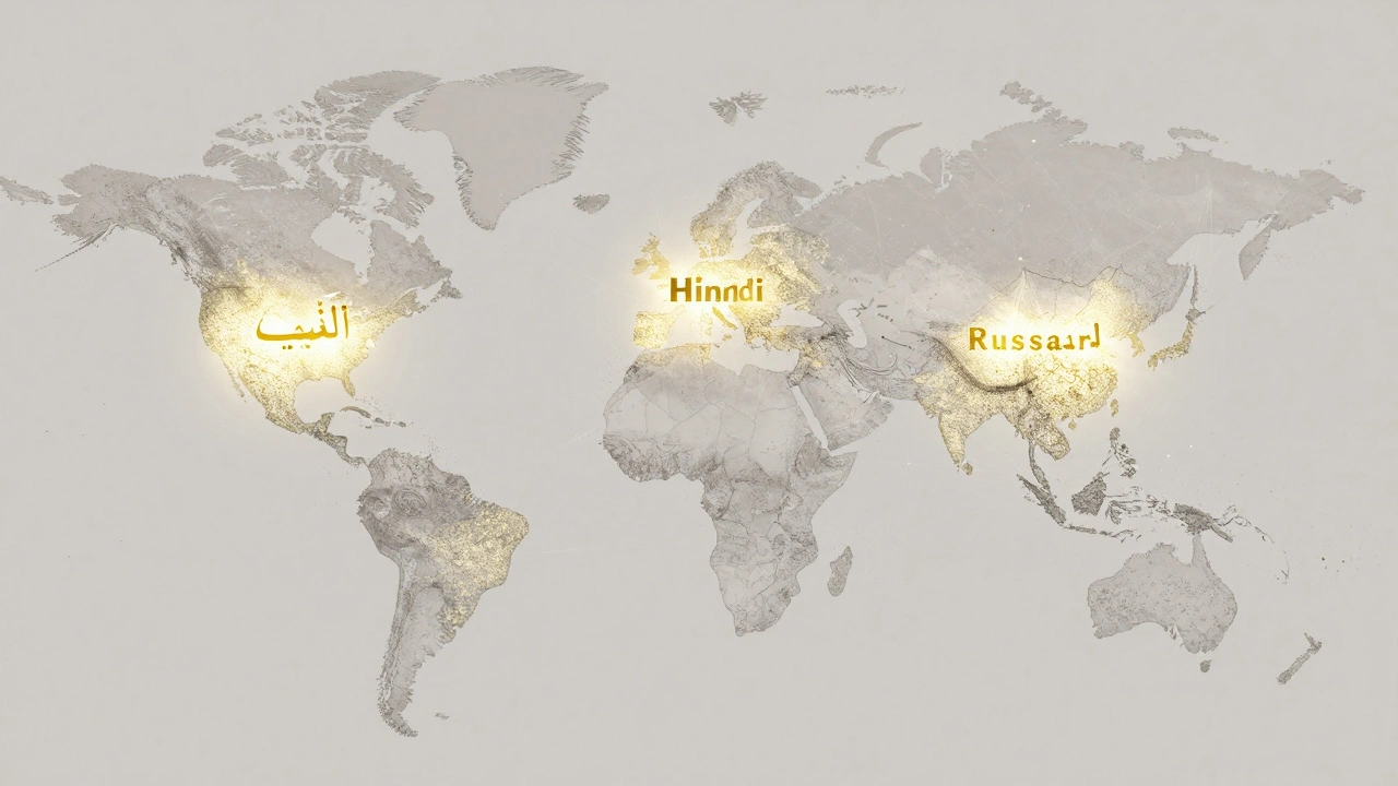 Global map with prominent non-Latin Wikipedias glowing, others faintly visible.