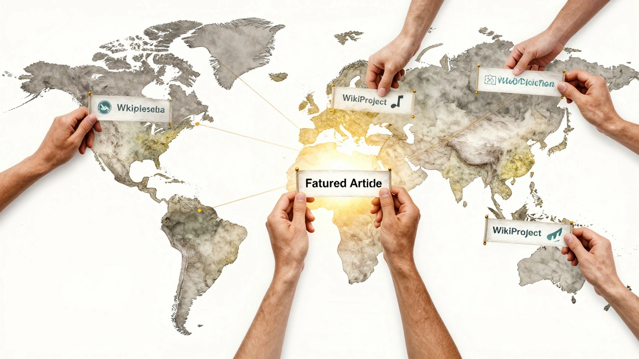 Global network of hands connecting Wikipedia banners, symbolizing collaborative article improvement.