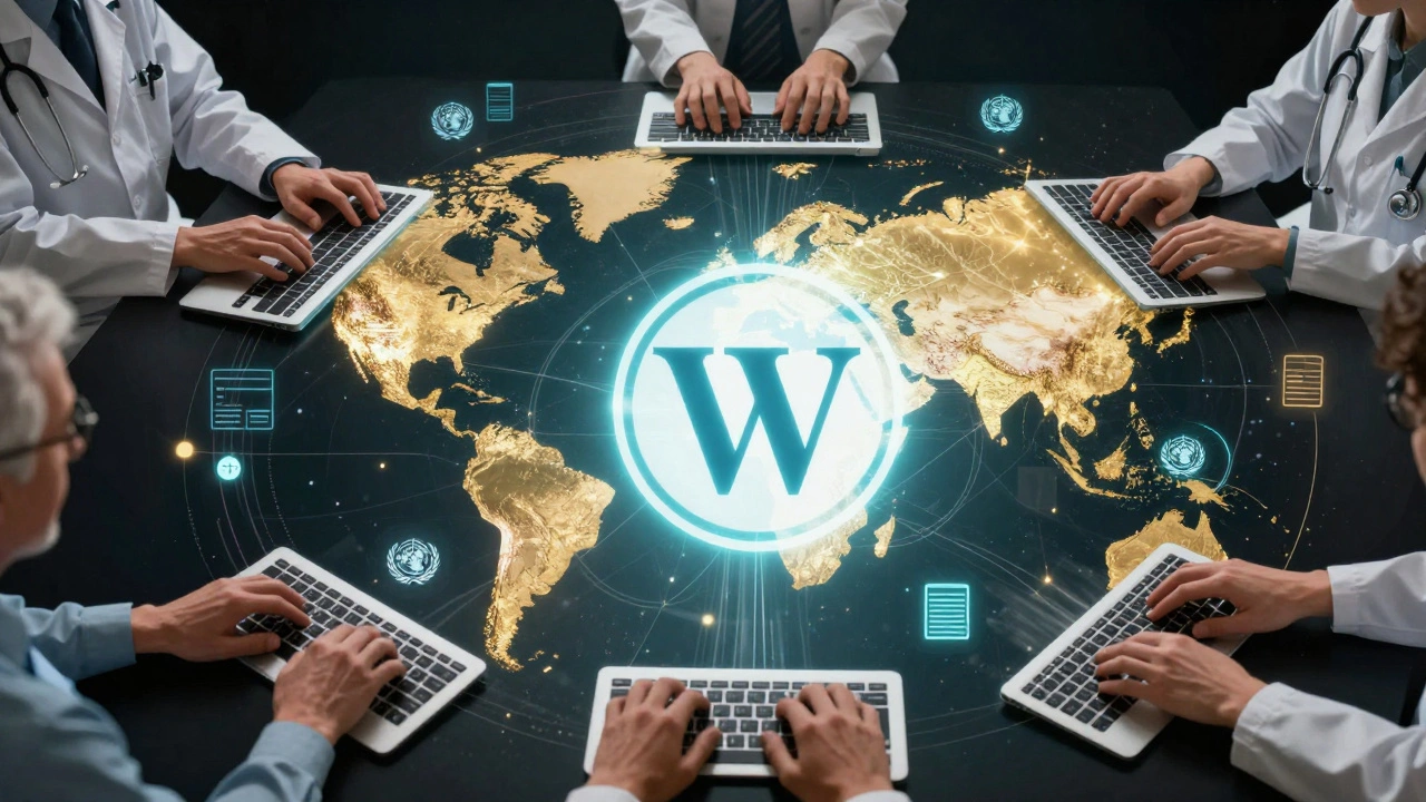 Global network of hands contributing to a glowing Wikipedia page with scientific citations flowing around it.