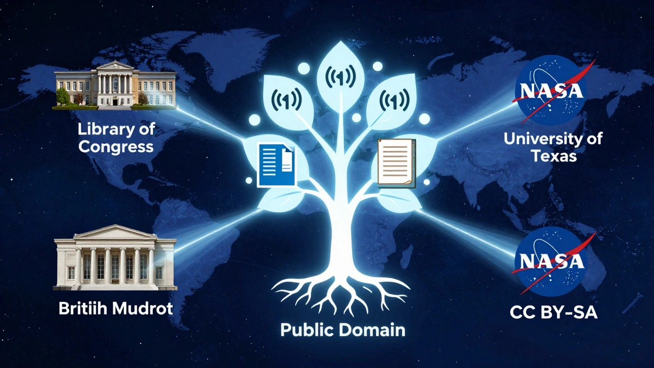 Global network of institutions connected by light trails forming a tree of open-access academic resources.