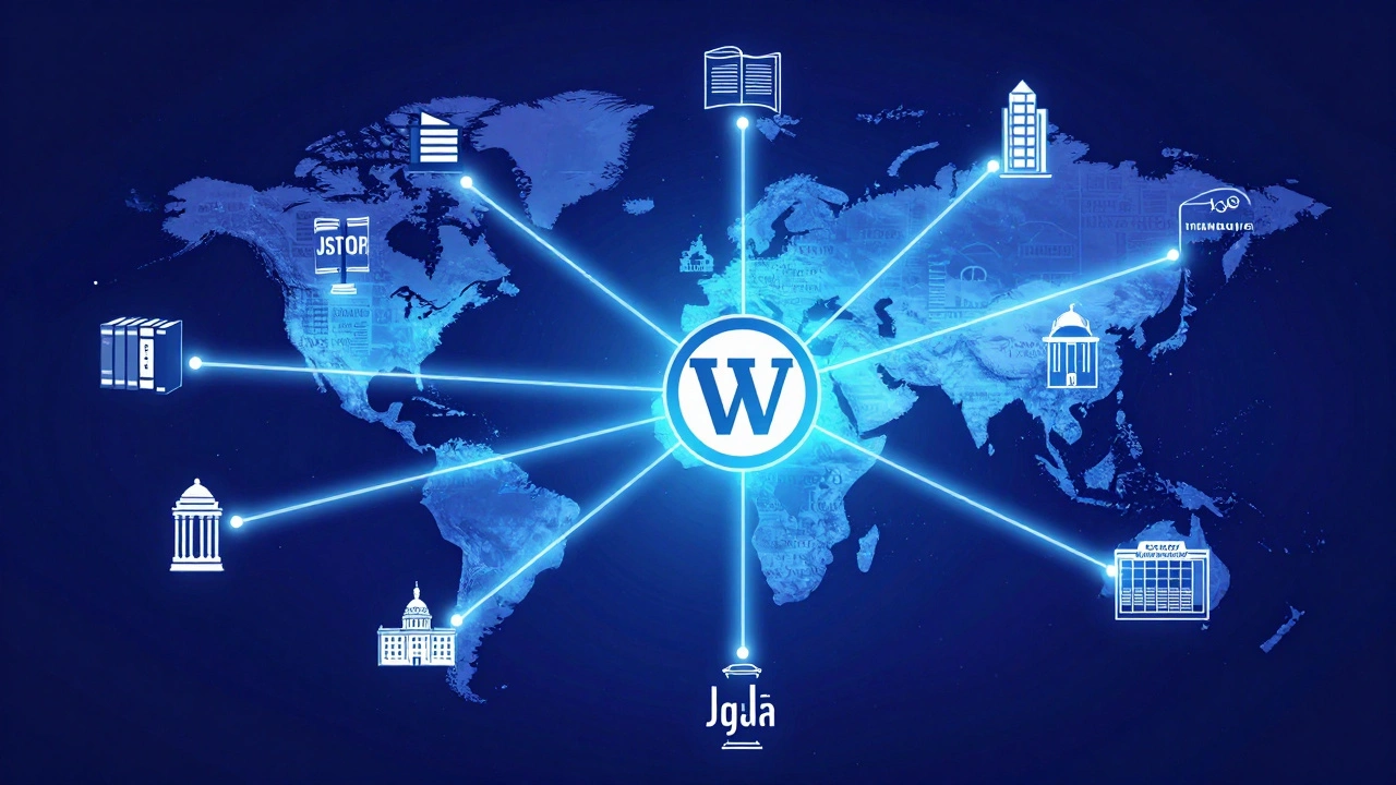 Global network of light beams connecting Wikipedia Library to academic and newspaper archives.