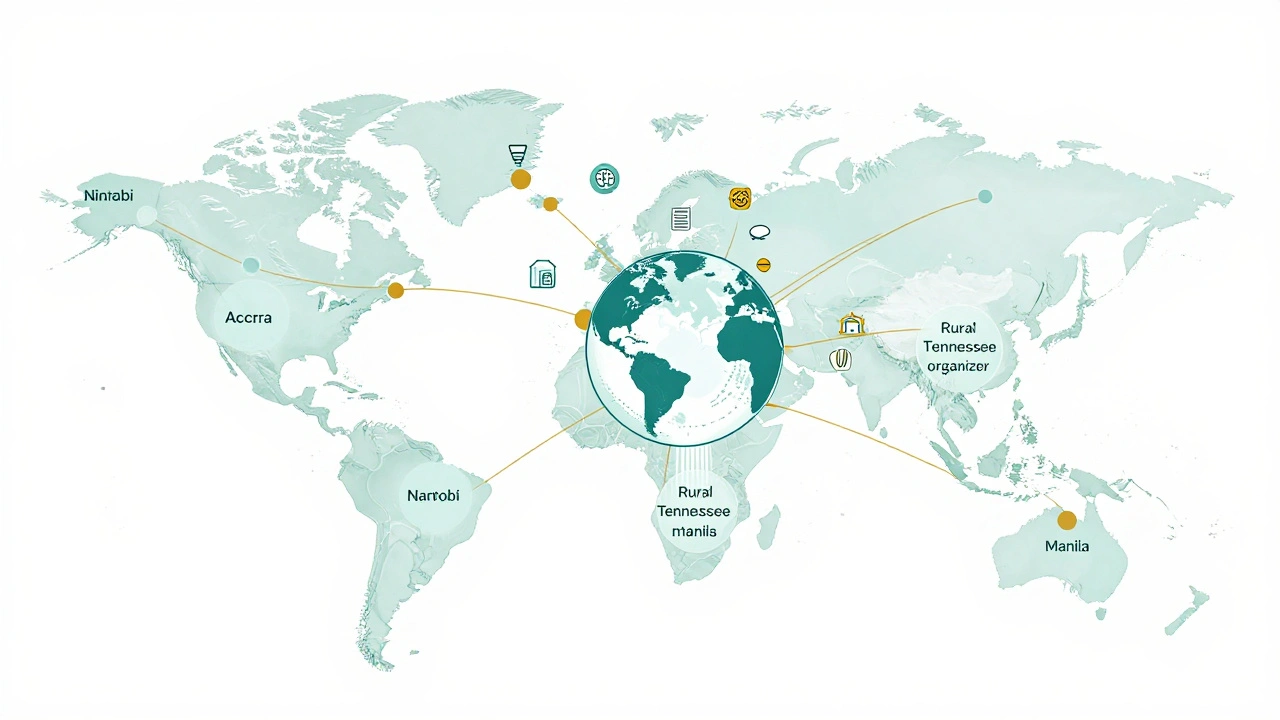 Global network of light connecting organizers worldwide to a central Wikipedia globe.
