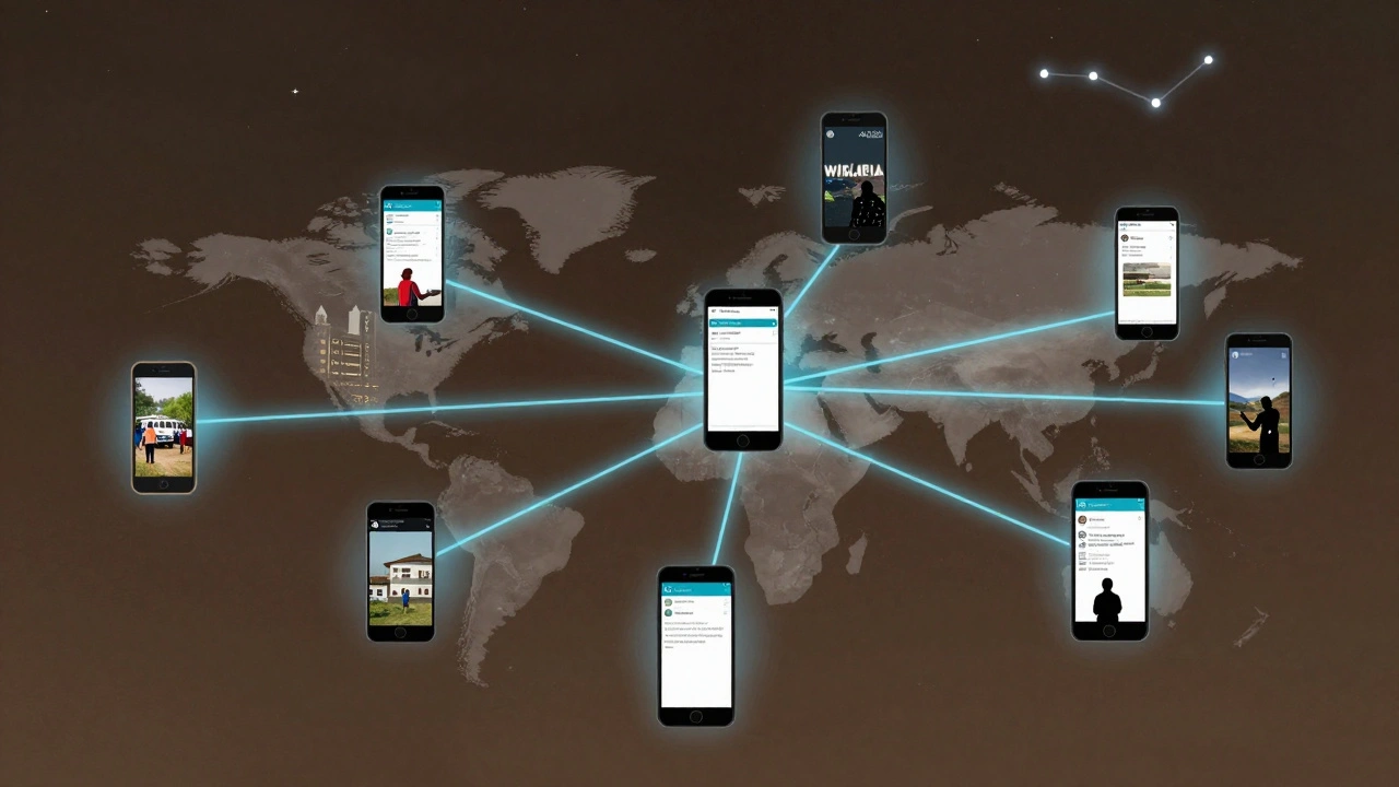 Global network of phones with glowing edit connections syncing offline changes to Wikipedia.