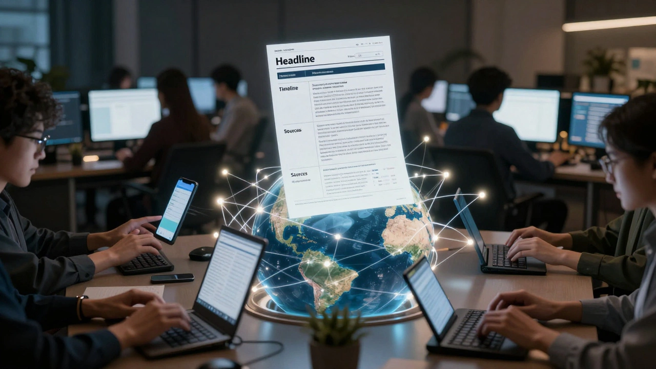 Global volunteers connected by light, collaboratively updating a breaking news story over a glowing globe.