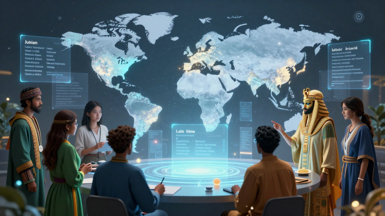 Global Wikipedia editors collaborating around a hologram showing localized cultural formatting.