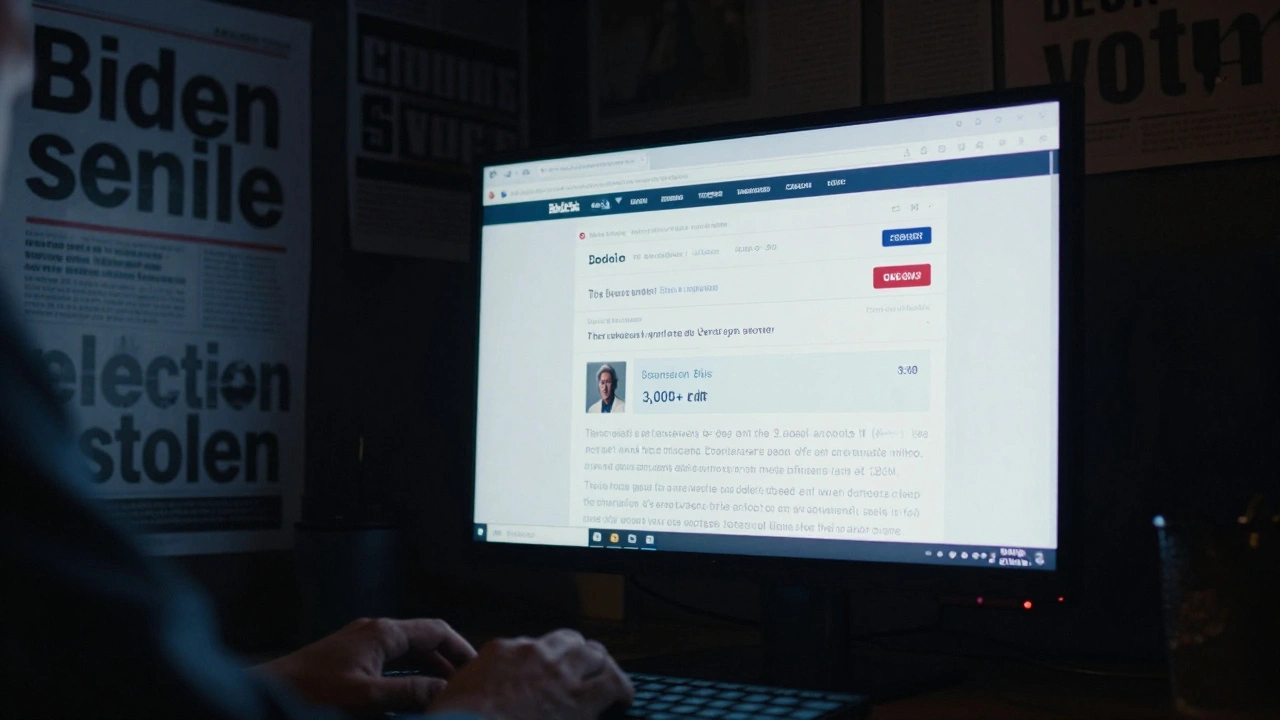 Glowing computer screen displaying thousands of edits on a US politics page in a dark room.