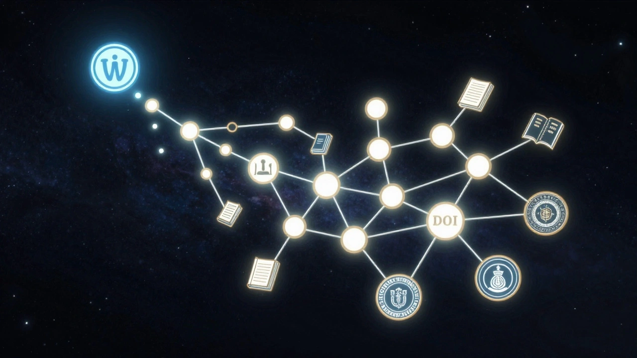 Glowing network connecting Wikipedia to scholarly sources in a cosmic digital landscape.