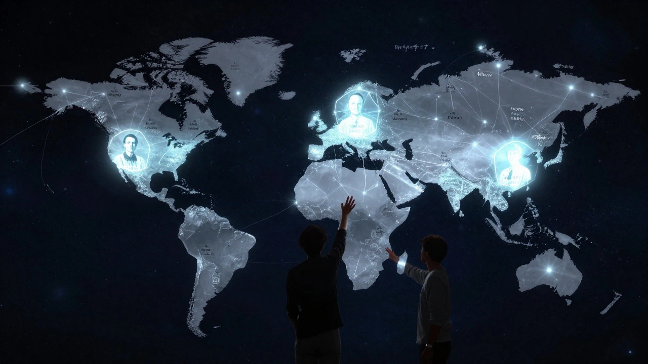 Glowing nodes representing people in Wikidata, connected across continents in a cosmic data network.